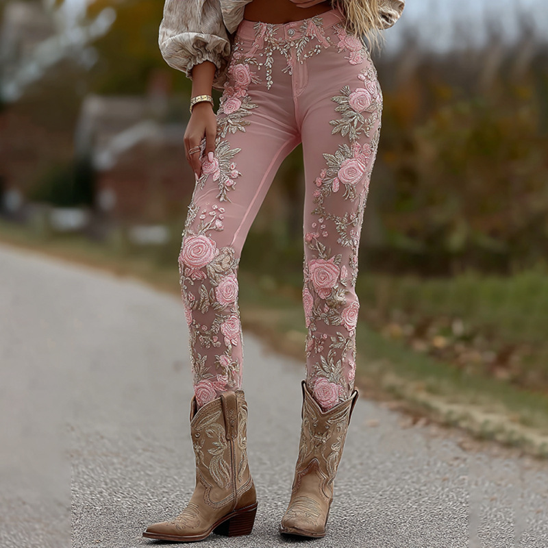 Retro Floral Print Jeans High Waist Slim Imitation Jeans Elegant Casual Trousers